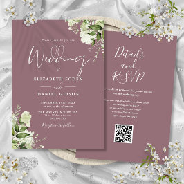 Convites Casamento Floral Código QR Verde Oliva Rosa