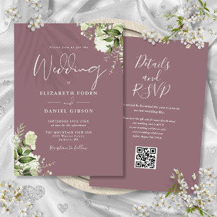 Convites Casamento Floral Código QR Verde Oliva Rosa