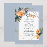 Casamento Floral Colorido com Fundo Azul em Aquare