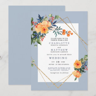 Convites Casamento Floral Colorido com Fundo Azul em Aquare