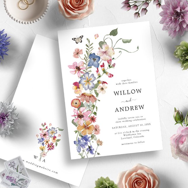 Convites Casamento Floral Colorido de Aquarela (Colorful Watercolor Wildflower with Monogrammed Back Wedding Invitation by Painted Paperie)