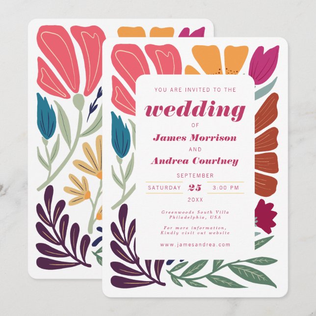 Convites Casamento Floral Colorido de Moderno Boho Chic (Frente/Verso)