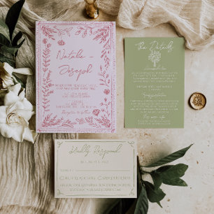 Convites Casamento Floral Colorido Desenhado à Mão Retro