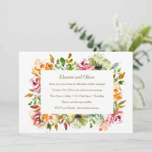 Convites Casamento Floral Colorido em Aquarela com Vegetaçã