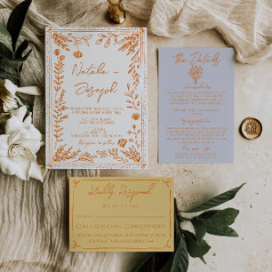 Convites Casamento Floral Colorido Laranja Desenhado à Mão 