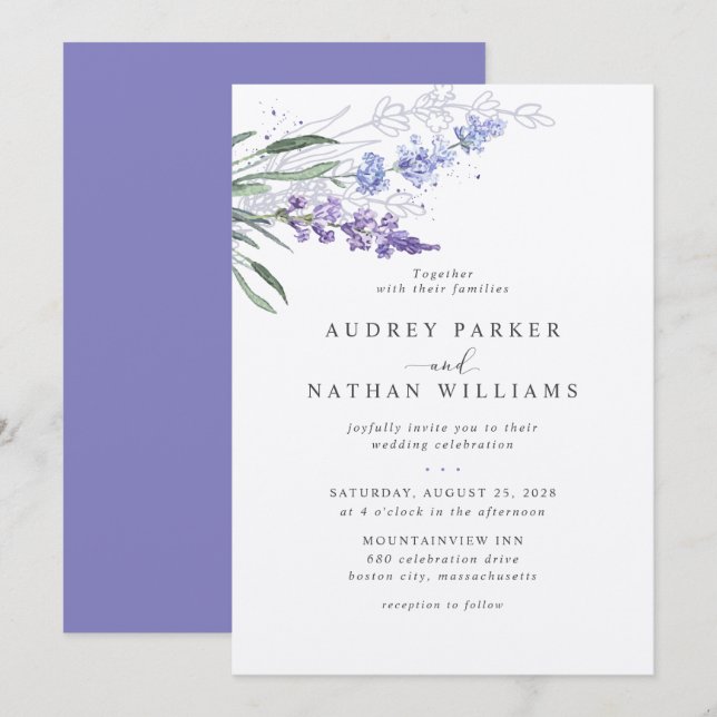 Convites Casamento Floral com Aguarela Lavanda Romântica (Frente/Verso)
