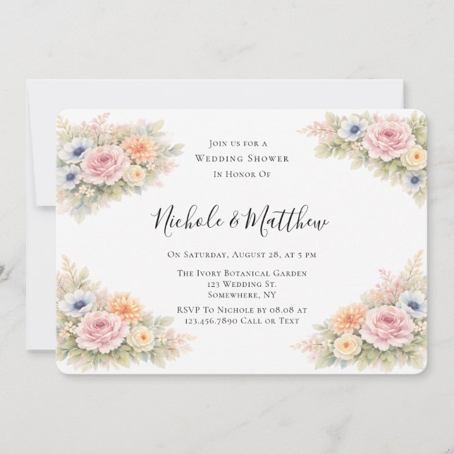 Convites Casamento Floral com Aguarela Suave Chuveiro (Frente)