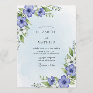 Convites Casamento Floral com Aquarela Azul
