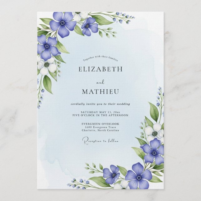 Convites Casamento Floral com Aquarela Azul (Frente)
