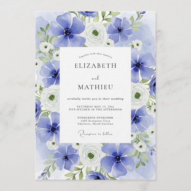 Convites Casamento Floral com Aquarela Azul (Frente)