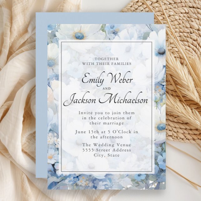 Convites Casamento Floral com Aquarela Azul Empoeirada Bran (Elegant dusty blue and white watercolor floral wedding invitation)