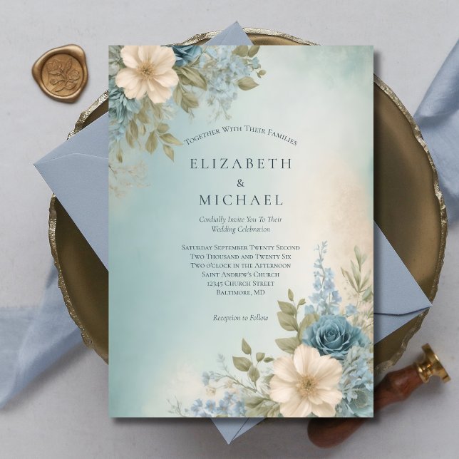 Convites Casamento Floral com Aquarela Azul Empoeirado Bran (Dusty Blue White Floral Watercolor Elegant Formal Wedding Invitation Printed or Instant Download)