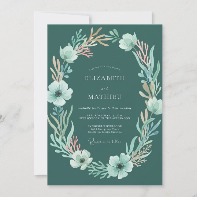 Convites Casamento Floral com Aquarela Azul Esverdeada Prof (Frente)