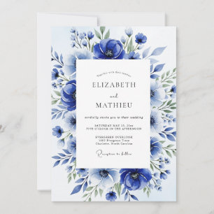 Convites Casamento Floral com Aquarela Azul Real