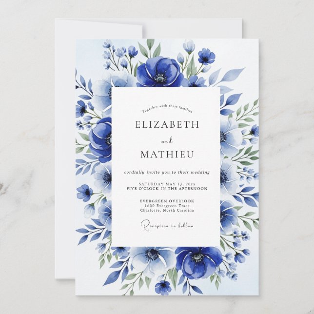 Convites Casamento Floral com Aquarela Azul Real (Frente)