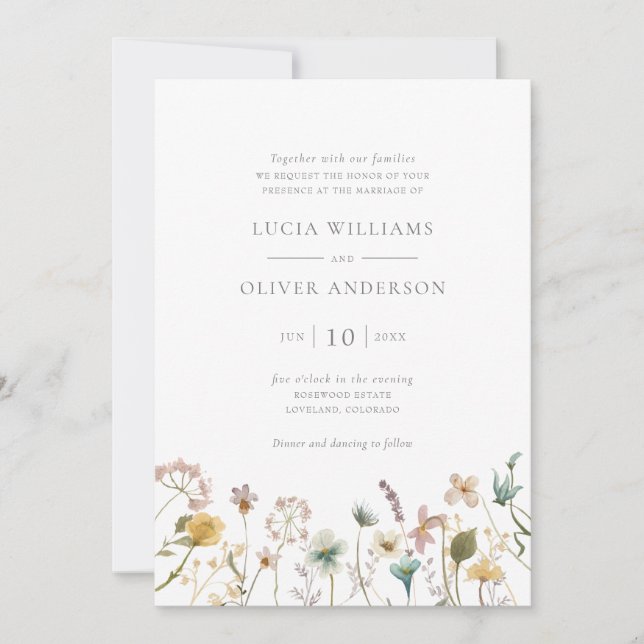 Convites Casamento Floral com Aquarela de Flores Silvestres (Frente)