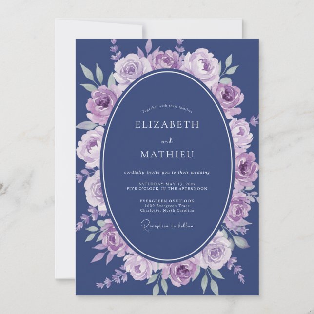 Convites Casamento Floral com Aquarela de Lavanda Azul Mari (Frente)