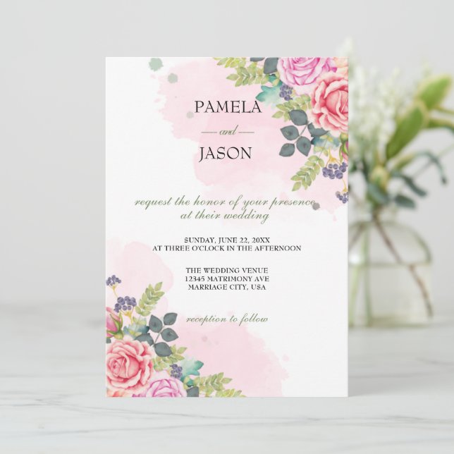 Convites Casamento Floral com Aquarela do Jardim de Verão (Em pé/Frente)