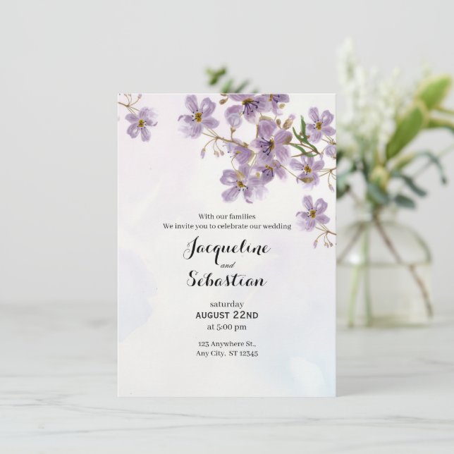 Convites Casamento Floral com Aquarela em Lilás Suave (Em pé/Frente)