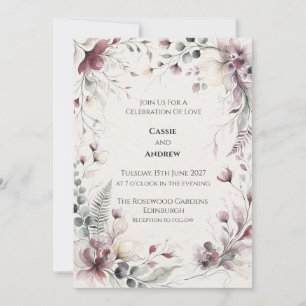 Convites Casamento Floral com Aquarela em Tons de Malva Des
