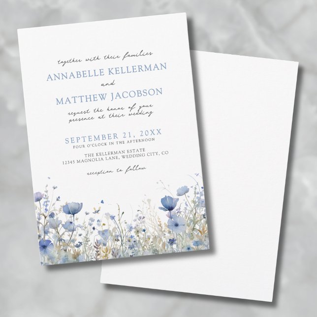 Convites Casamento Floral com Aquarela Flor Silvestre Azul (Botanical Wildflower Watercolor Floral Wedding Invitation)