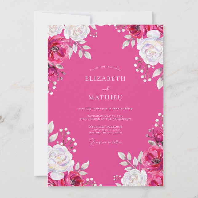 Convites Casamento Floral com Aquarela Rosa (Frente)