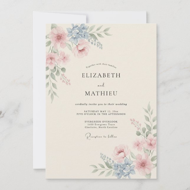 Convites Casamento Floral com Aquarela Rosa Bege (Frente)