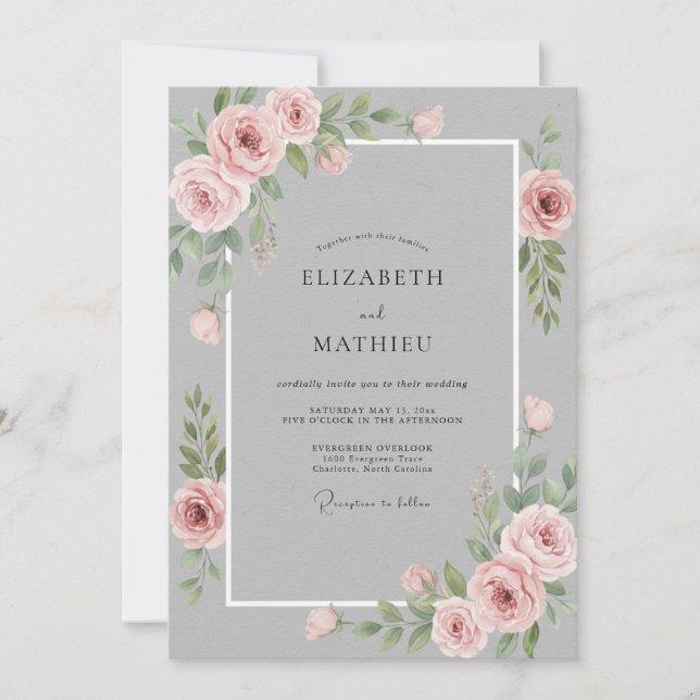 Convites Casamento Floral com Aquarela Rosa Cinza (Frente)