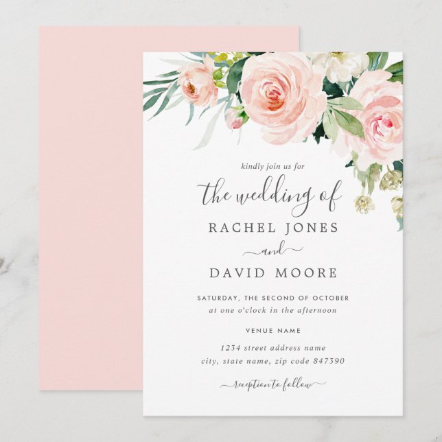 Convites Casamento Floral com Aquarela Rosa Corada (Frente/Verso)