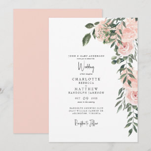 Convites Casamento Floral com Aquarela Rosa Luxuosa