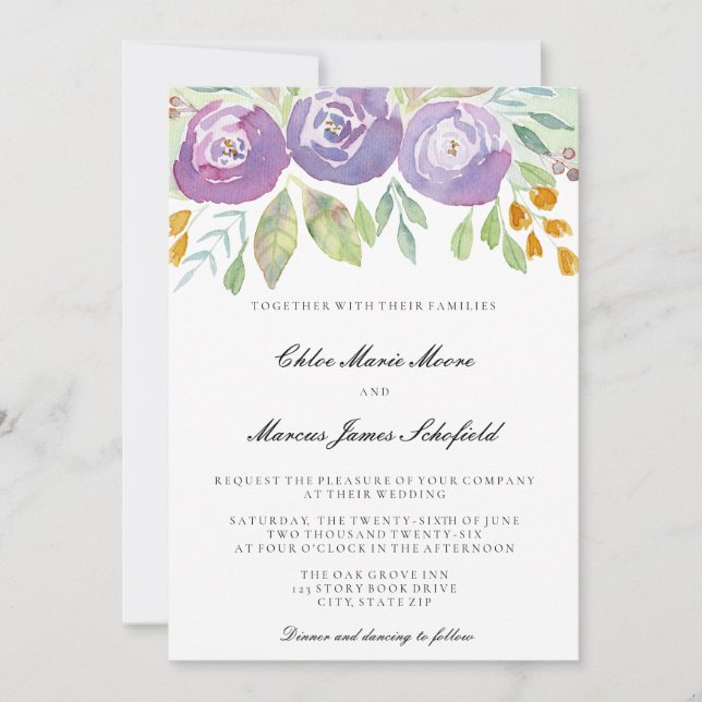 Convites Casamento Floral com Aquarela Roxa de Lavanda (Frente)