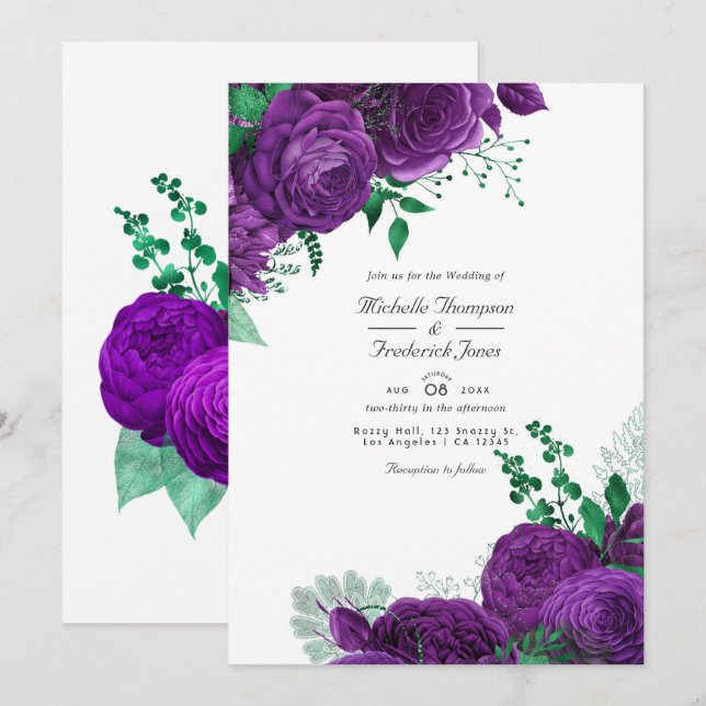 Convites Casamento Floral com Aquarela Roxa e Verde (Frente/Verso)
