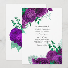Convites Casamento Floral com Aquarela Roxa e Verde