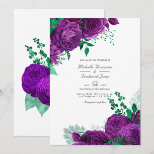 Convites Casamento Floral com Aquarela Roxa e Verde