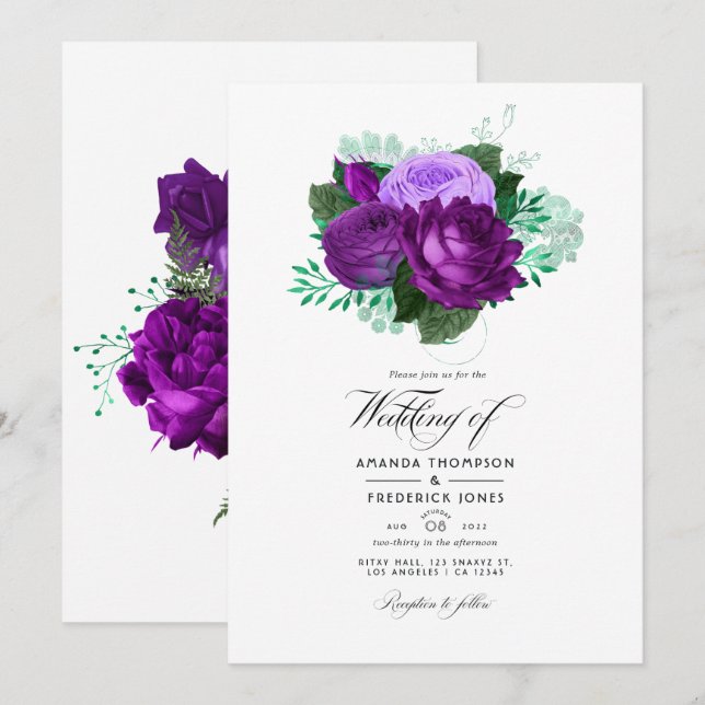 Convites Casamento Floral com Aquarela Roxa e Verde (Frente/Verso)