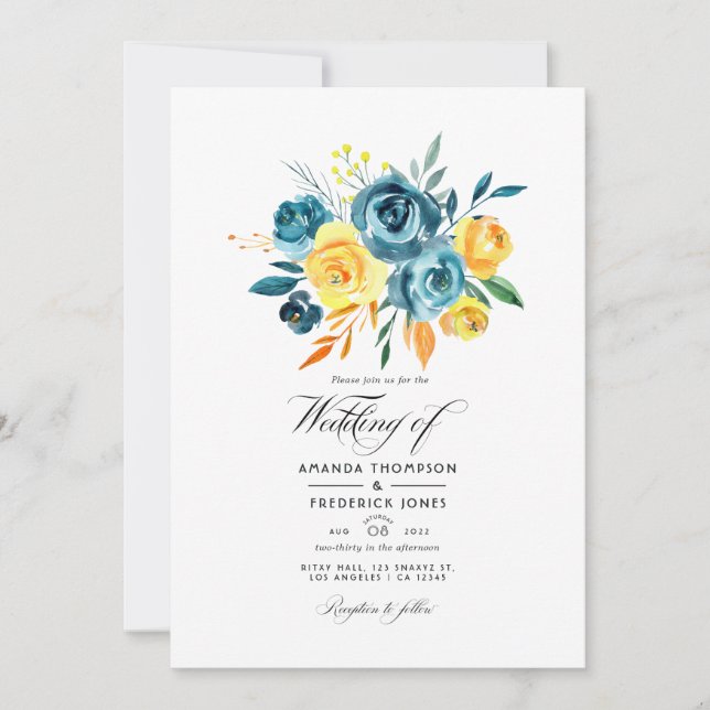 Convites Casamento Floral com Aquarela Turquesa e Amarela (Frente)