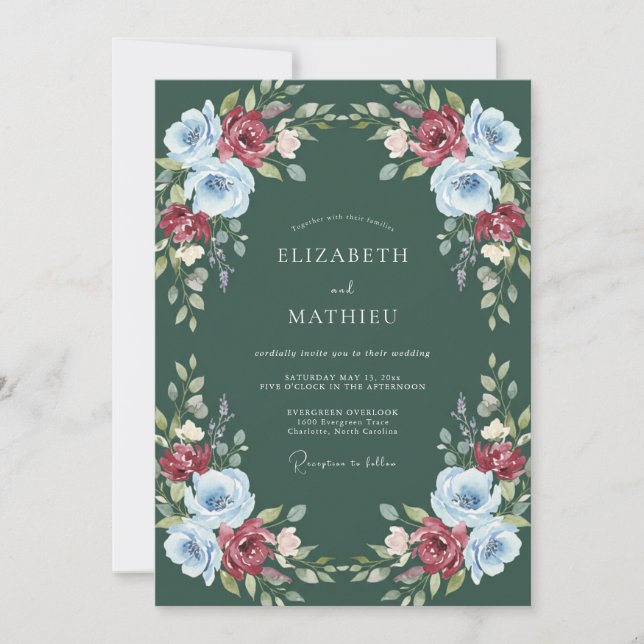Convites Casamento Floral com Aquarela Verde Floresta (Frente)