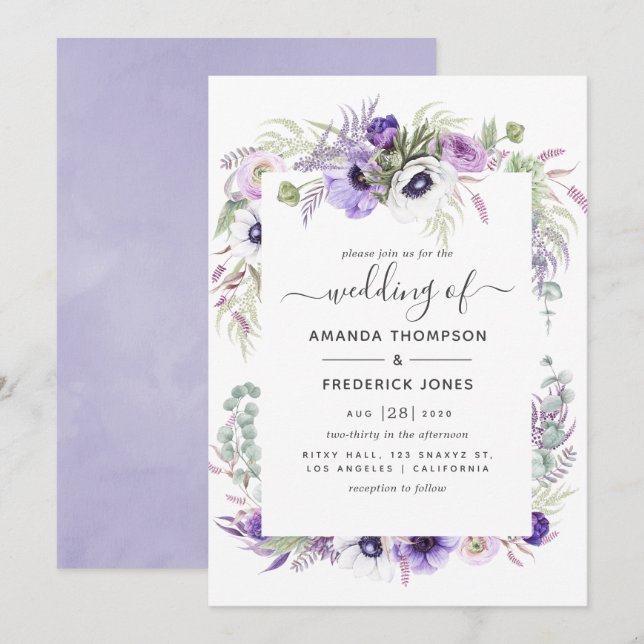 Convites Casamento Floral com Aquarela Violeta Desbotada (Frente/Verso)