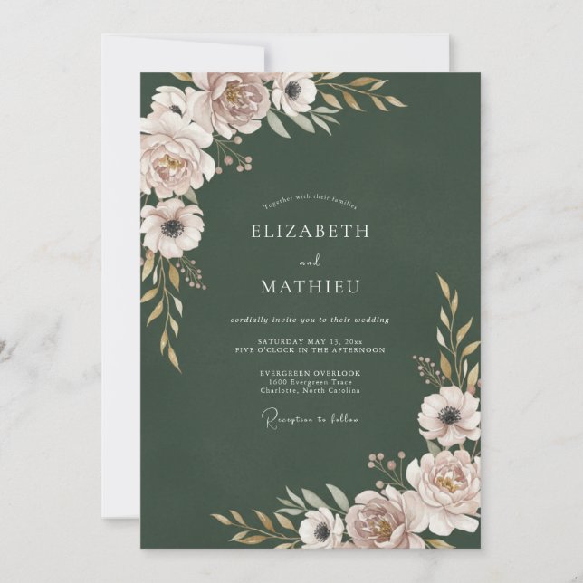 Convites Casamento Floral com Bege Verde Floresta (Frente)