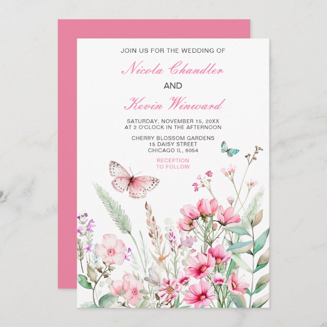 Convites Casamento Floral com Borboleta Rosa primavera (Frente/Verso)