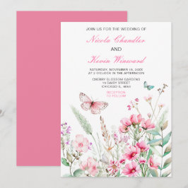 Convites Casamento Floral com Borboleta Rosa primavera