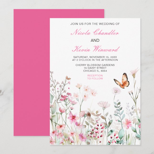 Convites Casamento Floral com Borboleta Rosa Profunda prima (Frente/Verso)