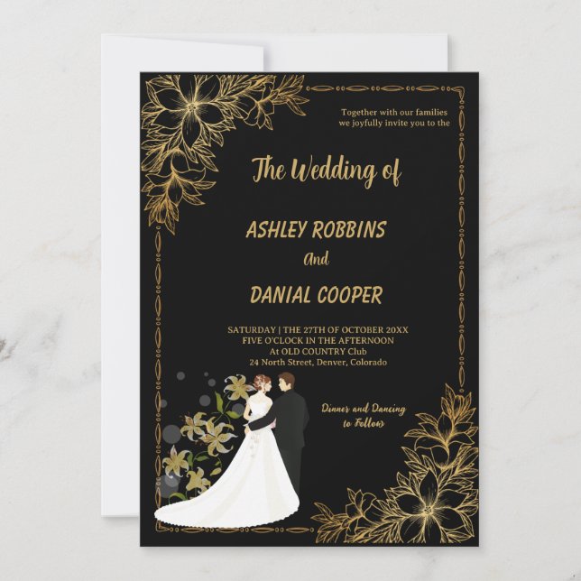 Convites Casamento floral com borda preta e dourada elegant (Frente)