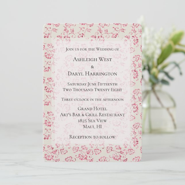 Convites Casamento Floral com Brilho Cor-de-Rosa Creme Româ (Em pé/Frente)