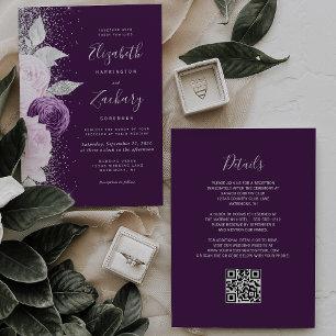 Convites Casamento Floral com Código QR em Roxo Fundo com B