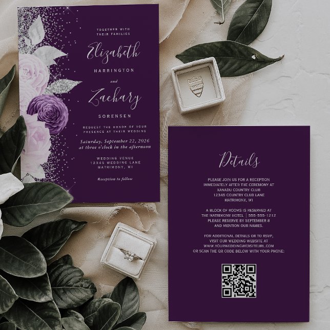 Convites Casamento Floral com Código QR em Roxo Fundo com B (Criador carregado)