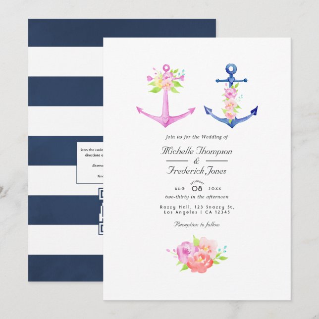 Convites Casamento Floral com Código QR Tema Náutico em Aqu (Frente/Verso)