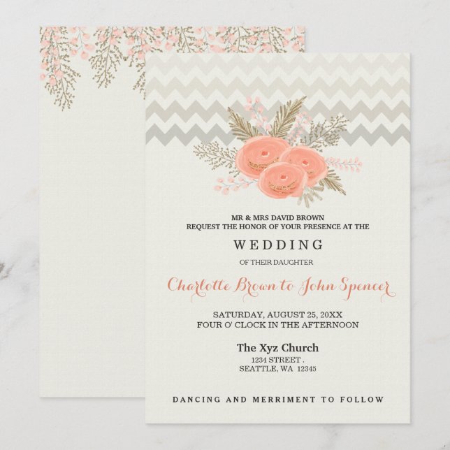 Convites casamento floral com cor d'água de ouro (Frente/Verso)