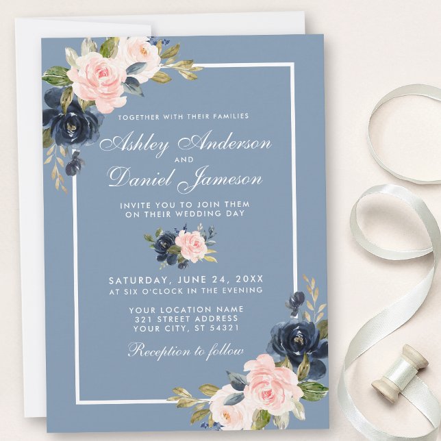 Convites Casamento Floral com Cor de Água, Cor de Água, Cor (Customize to change text size, style or color of back of card.)