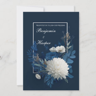 Convites Casamento Floral com Crisântemo Branco Azul-Marinh